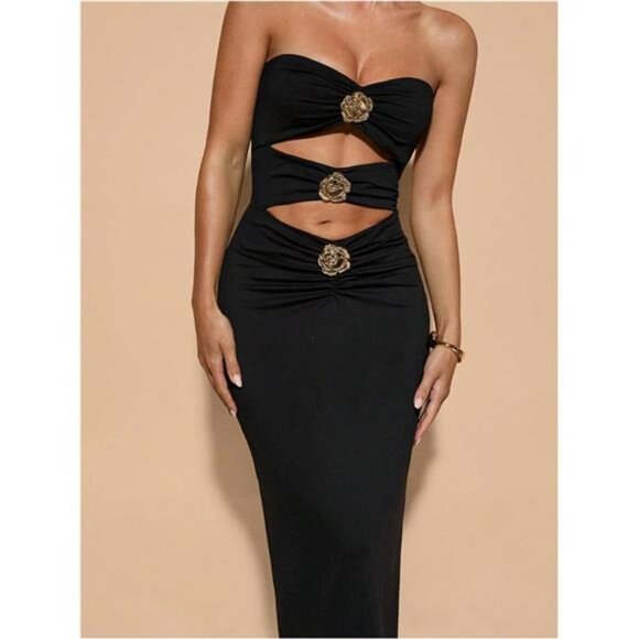 Women's Metal Flower Cut Out Strapless Tube Top Dress Sleeveless - Picture 5 of 6